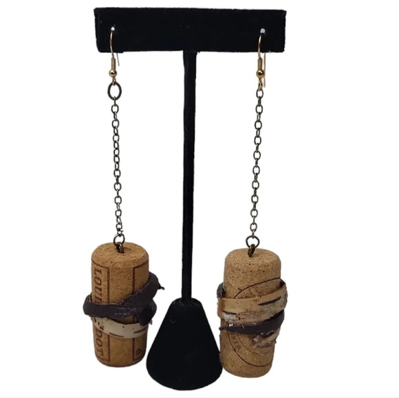 Handcrafted Cork White Birch Leather Dangle Chain Earrings - Picture 1 of 3